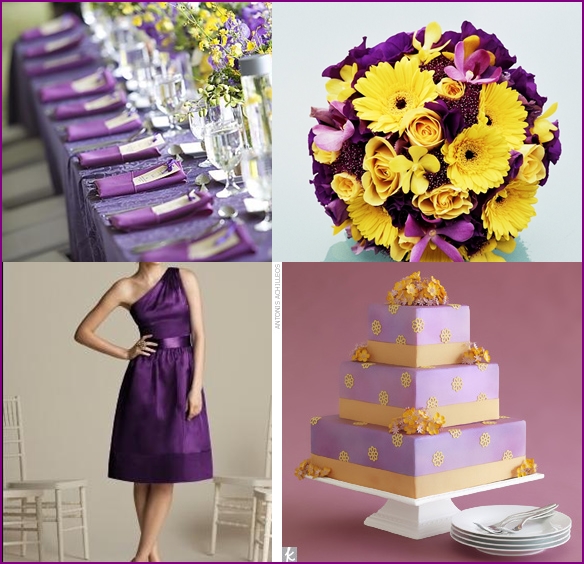 yellow and purple wedding table
