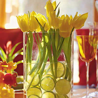 yellow tulips lime slices centerpieces