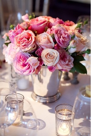pink rose mint julep cup centerpiece