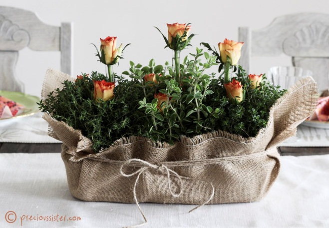 potted rose herb centerpiece