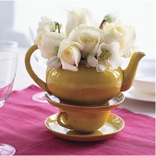vintage white rose stacked teapot centerpiece