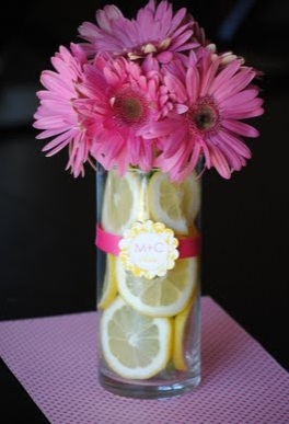 pink gerbera daisy sliced lemon centerpiece
