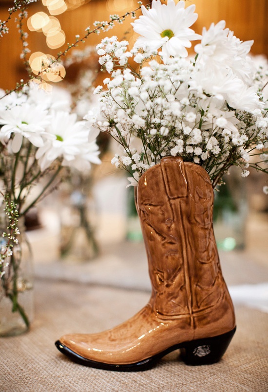 cowboy boot vase wedding centerpiece white daisies
